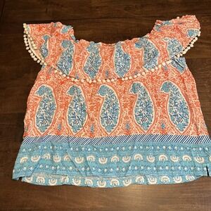 Crown & Ivy White/Blue Multi-Color Off The Shoulder Blouse Size XL Beach Summer